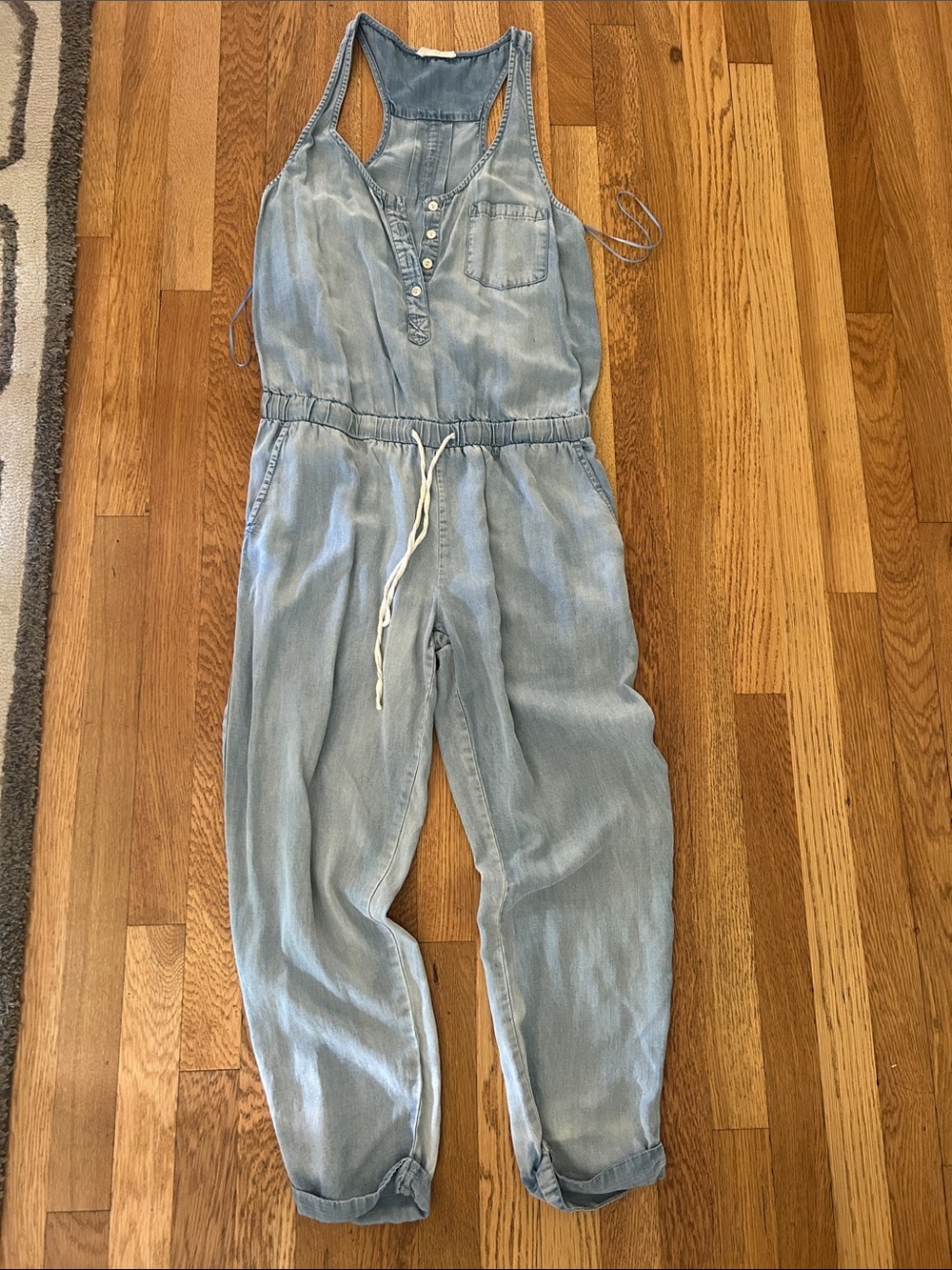 Love Stitch Light Wash Chambray Straight Leg Jumpsuit